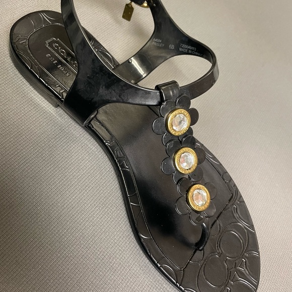 Coach black jelly t strap thong sandals 6B A4584 gold crystal  flowers. - Picture 9 of 9